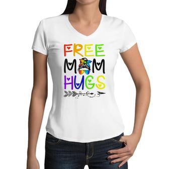 Free Mom Hugs Messy Bun Rainbow Lgbt Pride Women V-Neck T-Shirt - Seseable
