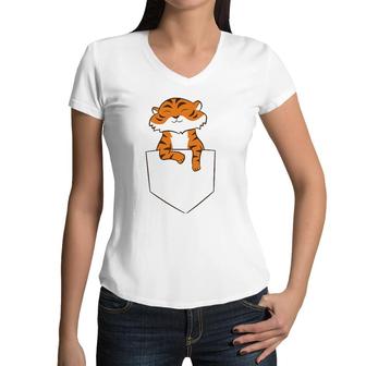Funny Tiger In Pocket Kids Love Tigers Lion In Pocket Women V-Neck T-Shirt | Mazezy