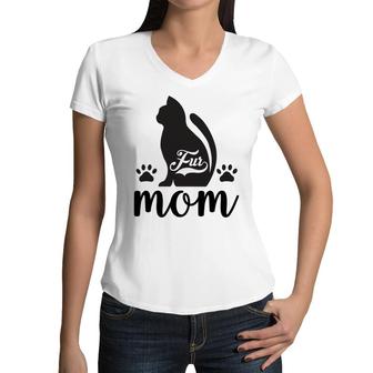 Fur Mom Cat Animal Black Cute Gift For Mom Women V-Neck T-Shirt - Seseable