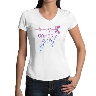Gamer Girl Cute Heartbeat Gamer For Girl Video Game Lovers Women V-Neck T-Shirt - Seseable