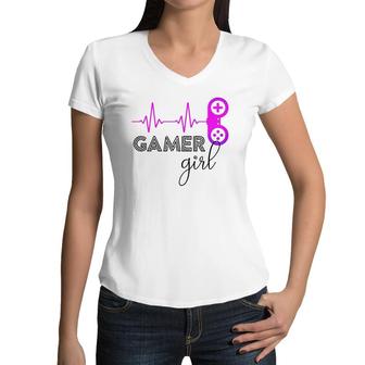 Gamer Girl Heartbeat Gamer For Girl Video Game Lovers Cute Women V-Neck T-Shirt - Seseable