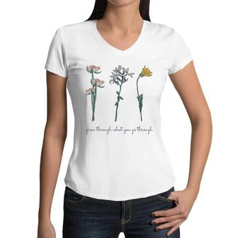Grow Through What You Go Through Vintage Wildflower Poppy Women V-Neck T-Shirt - Seseable