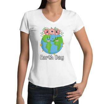 Happy Earth Day Cute Earth Smiles With Floral Earth Day 2022 Women V-Neck T-Shirt - Seseable