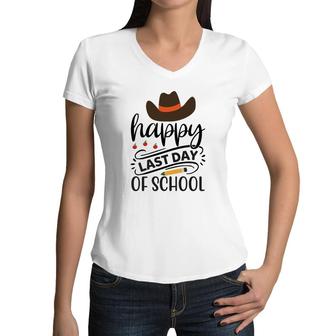Happy Last Day Of School With Black Cowboy Hat Women V-Neck T-Shirt - Seseable