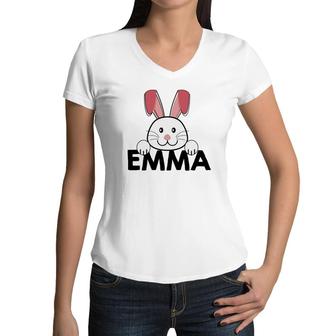Kids Easter Bunny Egg Hunt Customized Emma Women V-Neck T-Shirt - Monsterry
