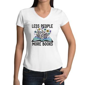 Less People More Books Teacher Black Graphic Women V-Neck T-Shirt - Seseable