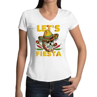Lets Fiesta Cinco De Mayo Mexican Theme Party Guitar Lover Women V-Neck T-Shirt - Seseable