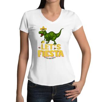 Lets Fiesta Sombrero Dinosaur Lover Funny Cinco De Mayo Women V-Neck T-Shirt - Seseable