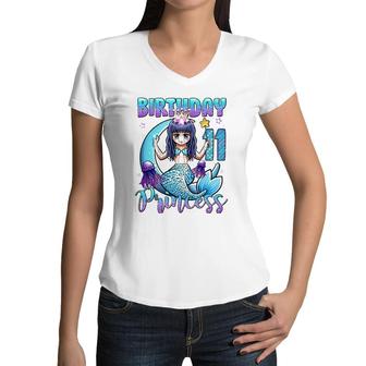 Mermaid Birthday Girl 11 Years Old Mermaid 11Th Birthday Women V-Neck T-Shirt | Mazezy