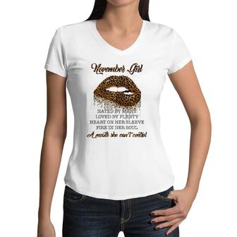 November Girl Hated By Many Loved By Plenty Heart On Her Sleeve Leopard Lips Version Women V-Neck T-Shirt - Seseable