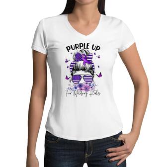 Purple Up For Military Kids Child Month Messy Bun Floral Women V-Neck T-Shirt - Seseable