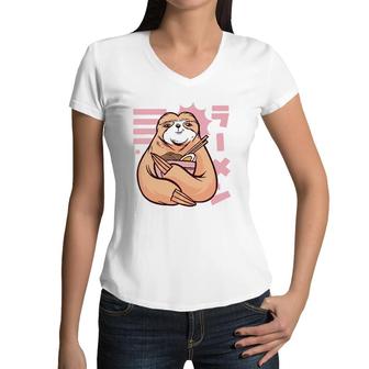Ramen Noodles Sloth 90S Kawaii Anime Girl Japanese Aesthetic Women V-Neck T-Shirt - Seseable