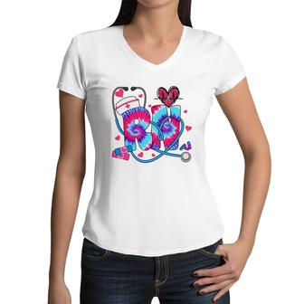 Rn Nurse Heart Tie Dye Color Nurse Life New 2022 Women V-Neck T-Shirt - Seseable