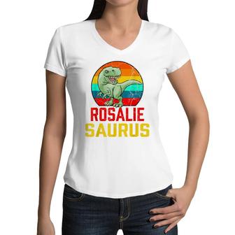 Rosalie Saurus Family Reunion Last Name Team Funny Custom Women V-Neck T-Shirt - Seseable