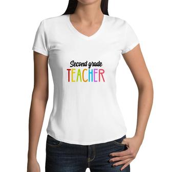 Second Grade Teacher Back To School Colorful Teacher Women V-Neck T-Shirt - Seseable
