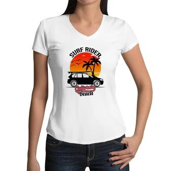 Surf Rider California Beach Retro Sunset Women V-Neck T-Shirt - Seseable