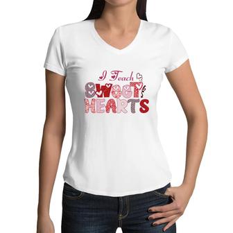 Teach Sweet Hearts Teacher Red Leopard Women V-Neck T-Shirt - Seseable