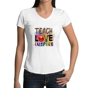 Teacher Leopard Teach Love Apple Great Women V-Neck T-Shirt - Seseable