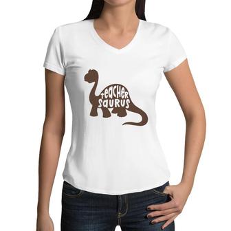 Teacher Saurus Dinosaur Great Art Graphic Women V-Neck T-Shirt - Seseable
