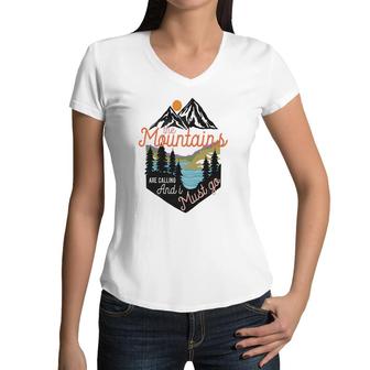 The Mountains Are Calling And I Must Go Vintage Adventure Design Women V-Neck T-Shirt - Seseable