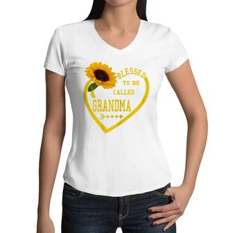 Womens Blessed To Be Called Grandma Mothers Day Sunflower Hearts Women V-Neck T-Shirt - Seseable