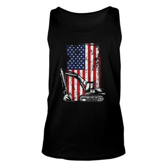 4Th Of July American Flag Construction Backhoe Excavator Unisex Tank Top - Seseable