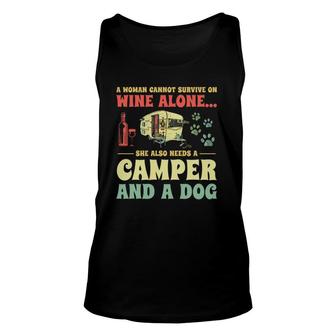 A Woman Cannot Survive On Wine Alone Funny Camper Dog Lovers Unisex Tank Top - Seseable