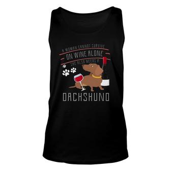 Dachshund Lovers Tee Woman Cannot Survive On Wine Alone Fun Unisex Tank Top - Seseable