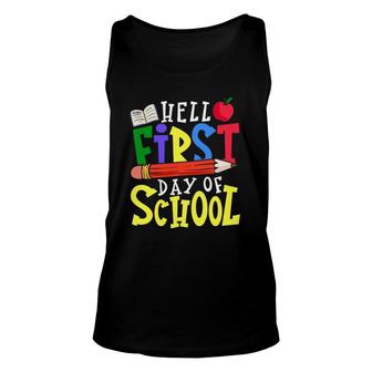 Hello First Day Of School Teacher Student Apple Pencil Book Unisex Tank Top - Seseable