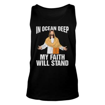 In Ocean Deep My Faith Will Stand Bible Verse Black Graphic Christian Unisex Tank Top - Seseable