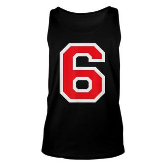 Jersey Uniform Number 6 Block Lettering Red Unisex Tank Top - Seseable