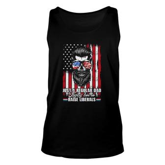 Just A Regular Dad Trying Not To Raise Liberals Beard Dad American Flag Sunglasses Unisex Tank Top - Seseable