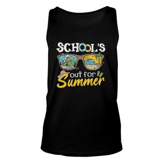 Last Day Of School Teacher Student Schools Out For Summer Vacation Beach Palm Tree Sun Sunglasses Unisex Tank Top - Seseable