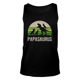 Mens Funny Grandpa Of 3 Kids Papasaurus Dinosaur Fathers Day Unisex Tank Top - Seseable