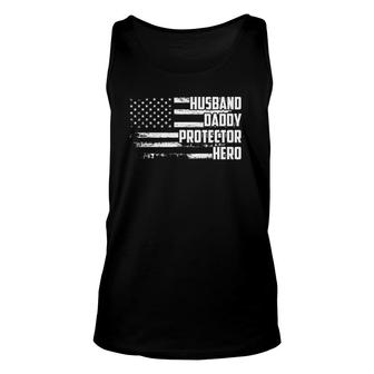 Mens Husband Daddy Protector Hero Us Flag Veteran Fathers Day Unisex Tank Top - Seseable