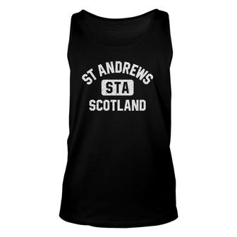 St Andrews Scotland Gym Style Distressed White Print Unisex Tank Top - Seseable