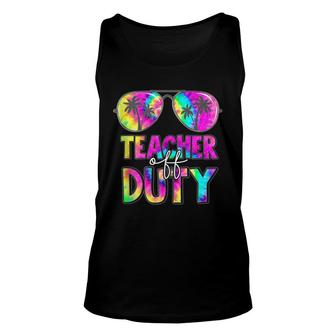 Teacher Off Duty Sunglasses Beach Sunset Tie Dye Funny Unisex Tank Top - Thegiftio UK