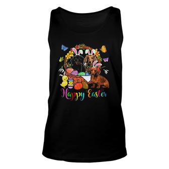 Three Bunny Dachshund Dogs In Easter Eggs Basket Unisex Tank Top | Mazezy