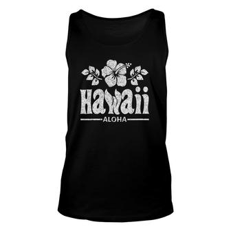 Womens Hawaii Flowers Distressed White Print V-Neck Unisex Tank Top - Seseable