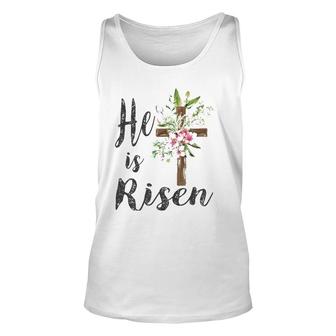 He Is Risen Floral Cross Vintage Happy Easter 2022 Gift Unisex Tank Top | Mazezy UK
