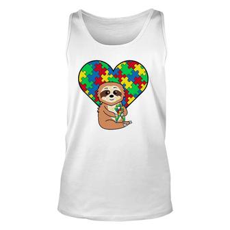 Sloth Heart Puzzle Piece Ribbon Cool Autism Awareness Gift Unisex Tank Top | Mazezy UK