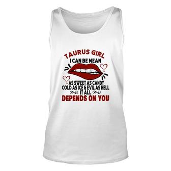 Sweet As Candy Cold As Ice Taurus Girl Red Lips Unisex Tank Top - Seseable