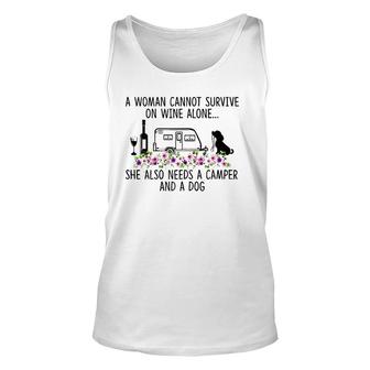Womens A Woman Cannot Survive On Wine Alone She Needs Camper Dog Unisex Tank Top - Seseable