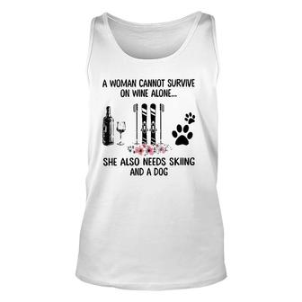 Womens A Woman Cannot Survive On Wine Alone Skiing And A Dog Unisex Tank Top - Seseable