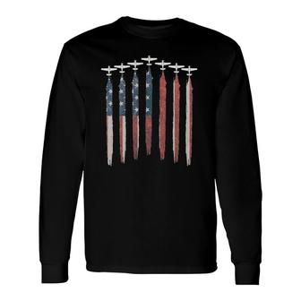Airplane Pilot Flying Usa Flag Patriot American 4Th Of July Long Sleeve T-Shirt - Seseable