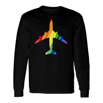 Airplane Rainbow Gay Flag Flight Attendant Long Sleeve T-Shirt T-Shirt | Mazezy