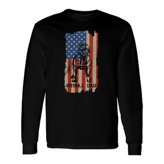 American Flag Pitbull Dad Cool Dog Daddy Patriot 4Th July V-Neck Long Sleeve T-Shirt - Seseable