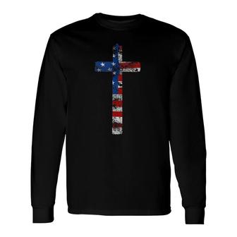 American Flag Usa Cross Christian Faith Patriotic Long Sleeve T-Shirt T-Shirt | Mazezy