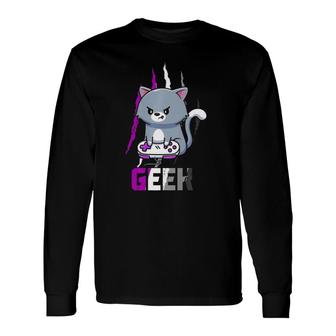 Asexual Geek Nerd Pride Lgbt Video Game Lovers Cat Long Sleeve T-Shirt - Seseable