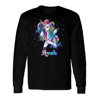 Avah Name Personalized Custom Rainbow Unicorn Dabbing Long Sleeve T-Shirt - Seseable